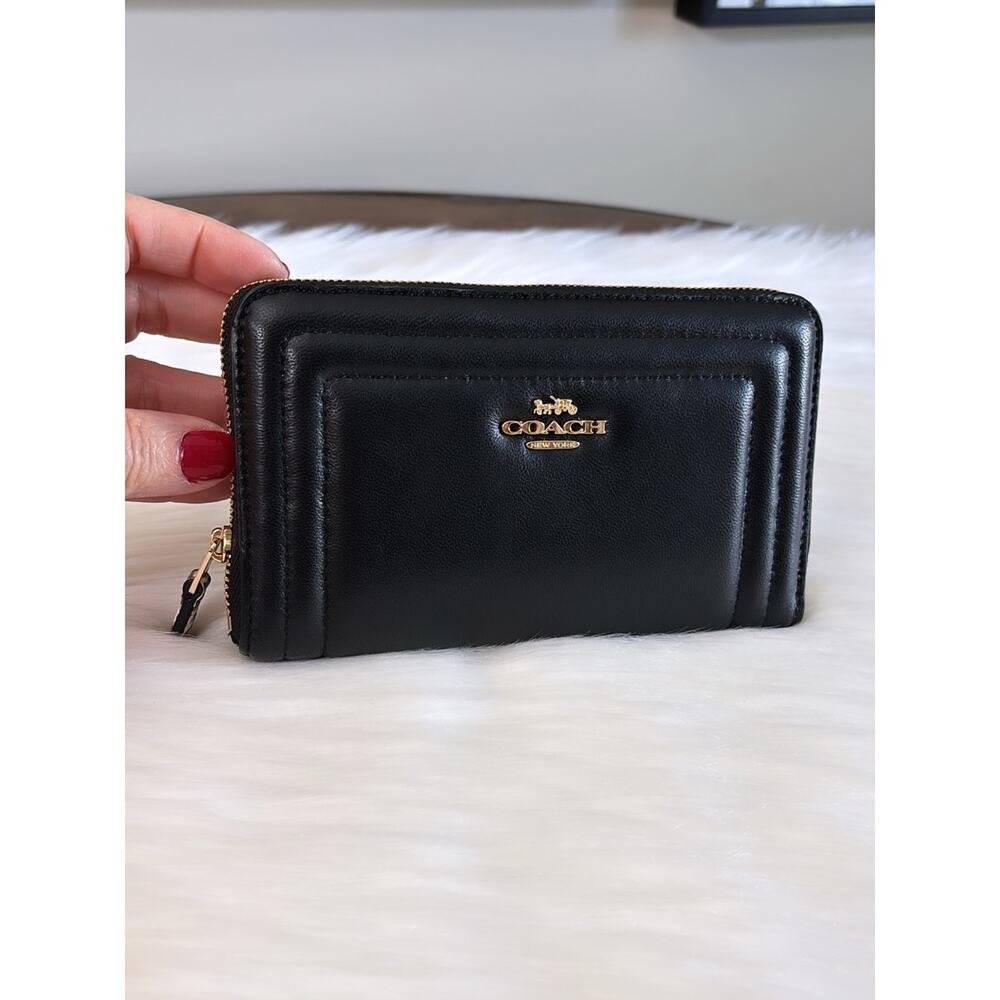 Coach Black Leather Quilted Zip-Around Wallet with Gold Logo - Picture 2 of 5